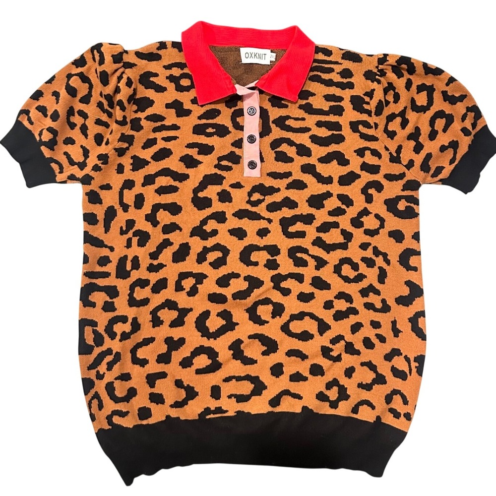 OXKNIT Womens Leopard Print Cotton Knit Polo Puff Sleeve Top Red Collar 2XL - Picture 3 of 9